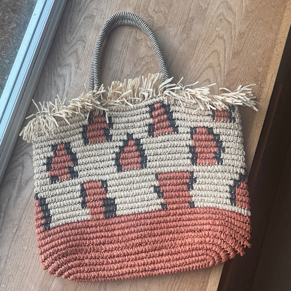 L*Space Woven Tote with Fringe - Cream and Brown